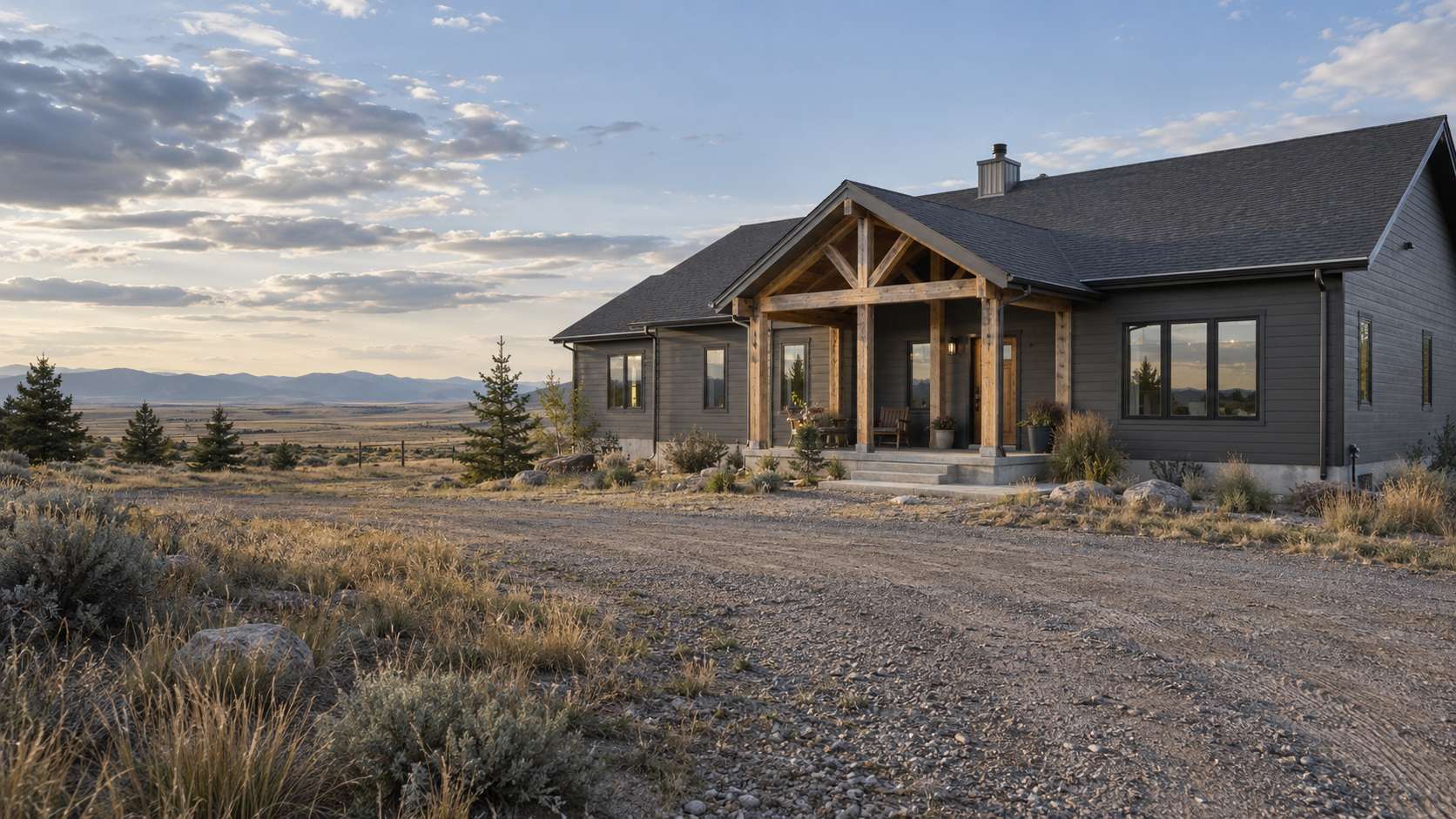 Charcoal-sided home with a timber porch overlooking open grassland.