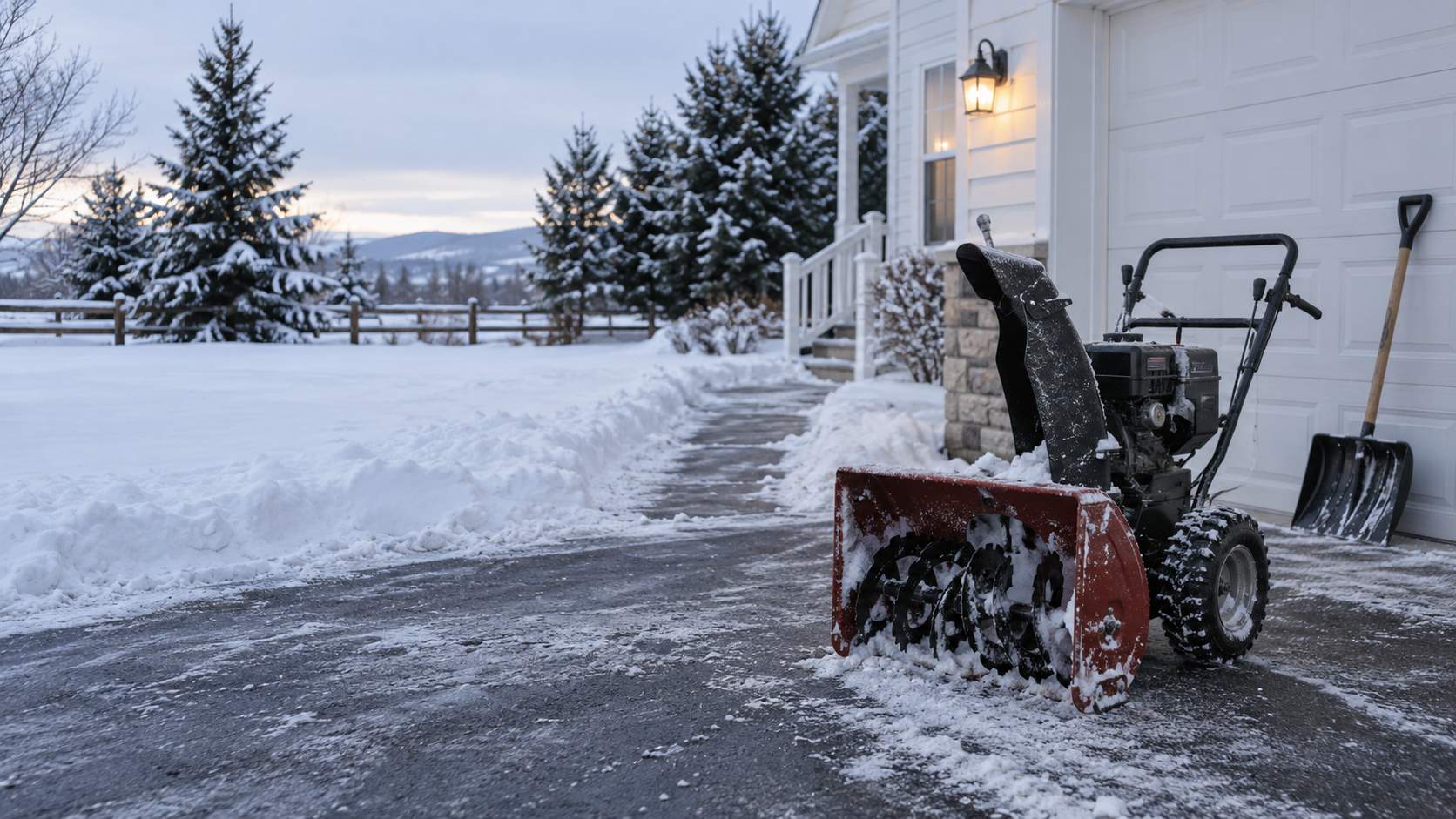 Snowblower beside a cleared residential driveway after a winter snowfall.